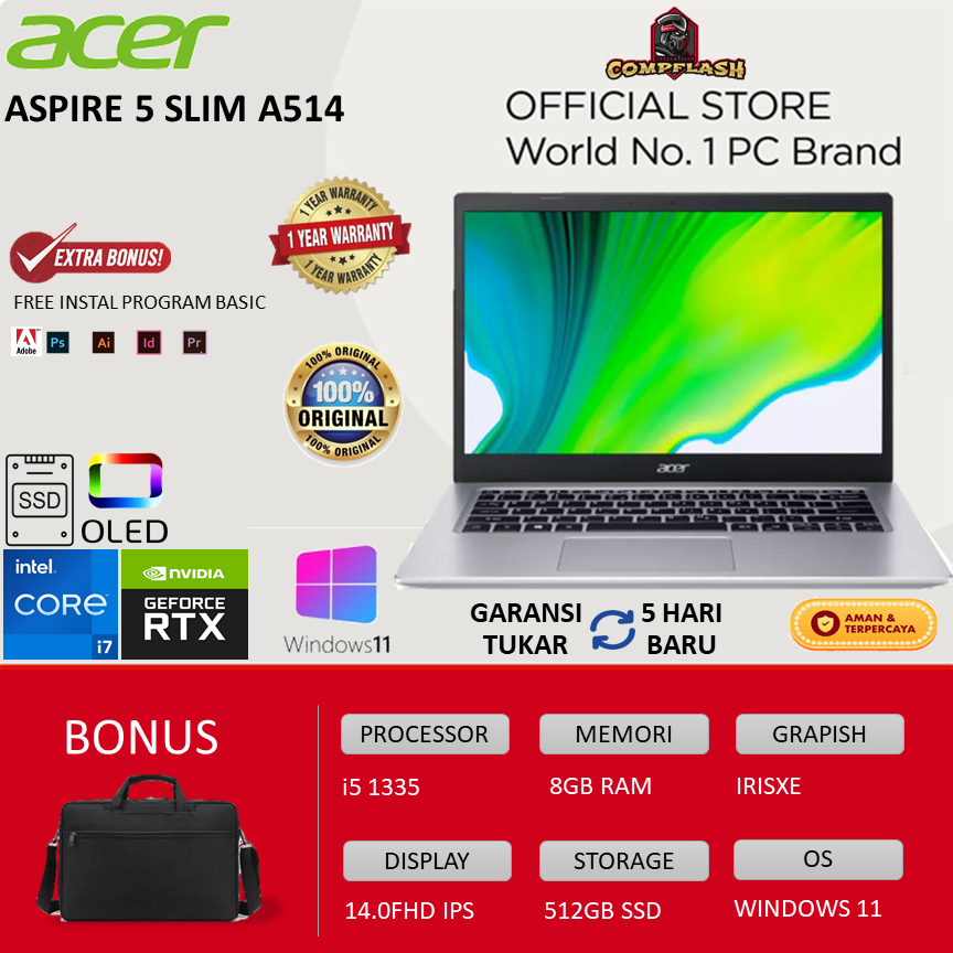 LAPTOP ACER ASPIRE 5 A514 i5 1335 8GB 512SSD WINDOWS 11 14.0FHD IPS