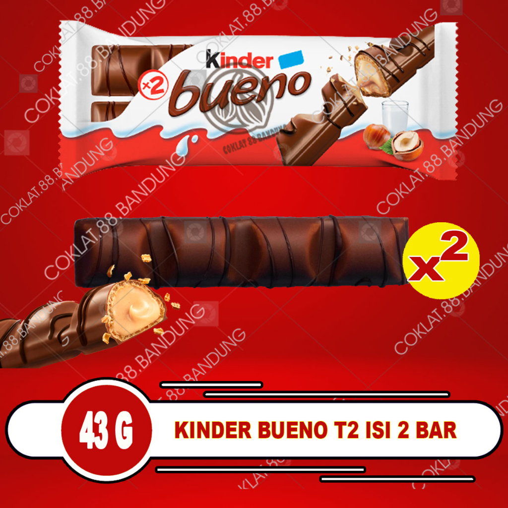 

KINDER BUENO 43GR FERRERO WAFER COKELAT CREAM SUSU HAZELNUT, COKLAT KINDER BUENO T2 43 GRAM ISI 2 BAR