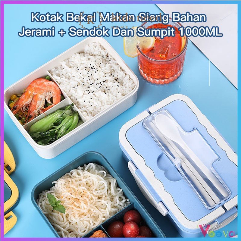 Kotak Makan Gagang Set Free Sendok Sumpit / Lunch Box Kotak Bekal Jerami Gandum