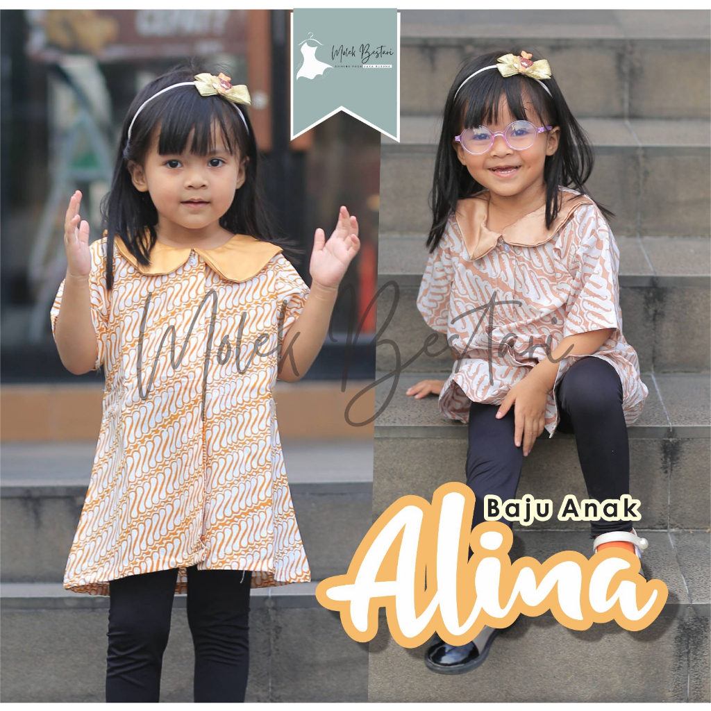 ALINA Model Atasan Baju Batik Anak Perempuan 1-13 Tahun Premium Baju Seragam Sekolah Anak dan Remaja Paud TK SD SMP