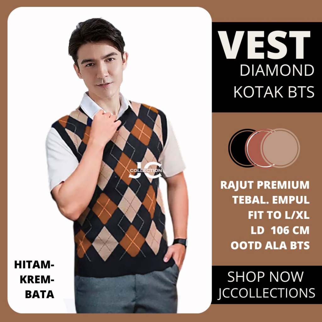 Vest Rajut Premium Sido Import / Knit Vest Vneck Rompi Rajut Diamond Taehyung Mocca / Rompi Kotak Rajut JCCollections