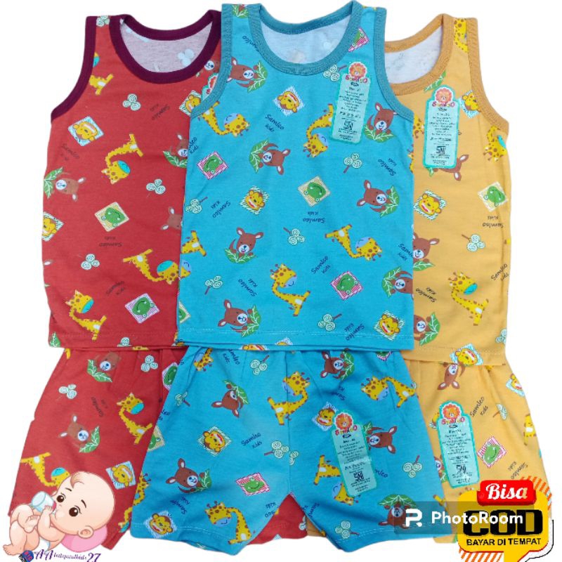 3PASANG SAMLEO Setelan Baju Bayi Lengan Kutung Full Printing Dasar Warna Ukuran M L XL SNI Nyaman Murah Berkualitas Motif RANDOM