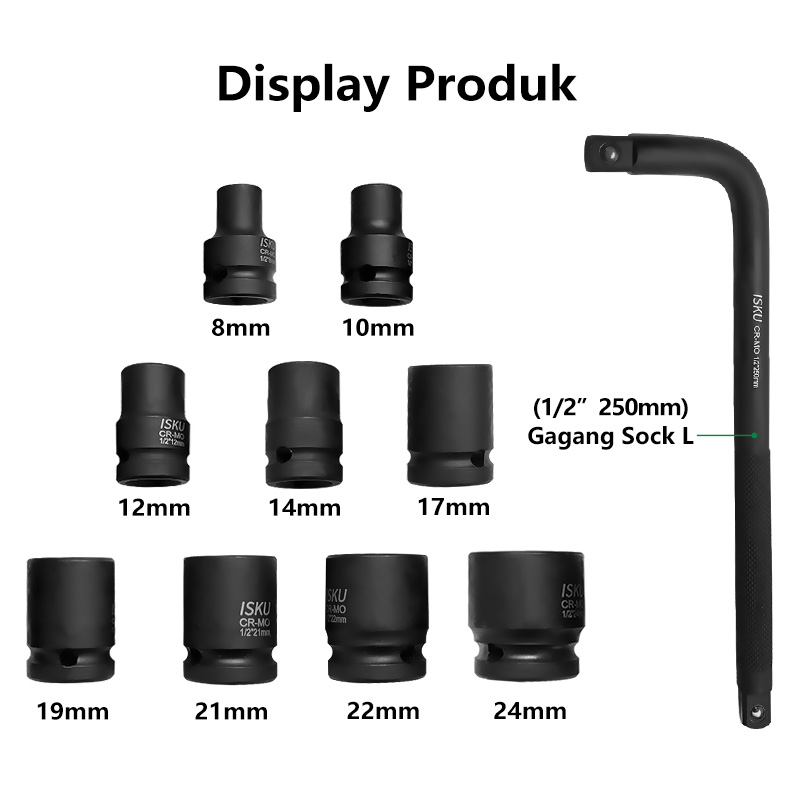 ISKU Kunci Shock Set 10pcs 8-24mm/Socket Kunci Set Motor/Socket Wrench Set Sok/mata sok 1/2 inch