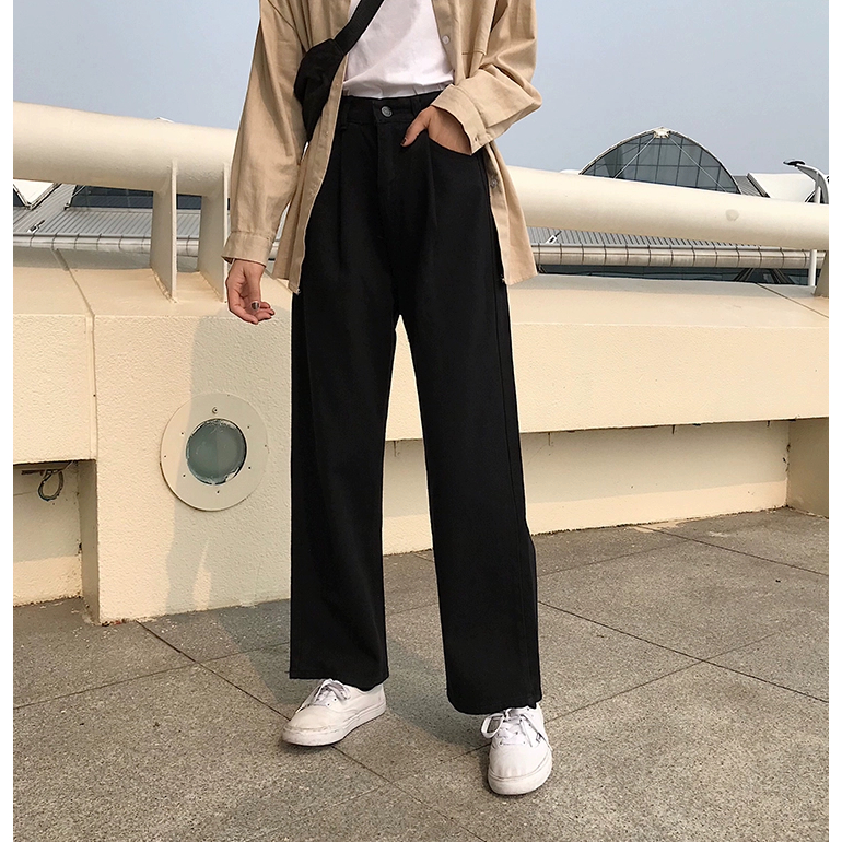 XIAOZHAINV Korean Style Celana Jeans Wanita Panjang/ Straight High Waist Pants Putih 0792