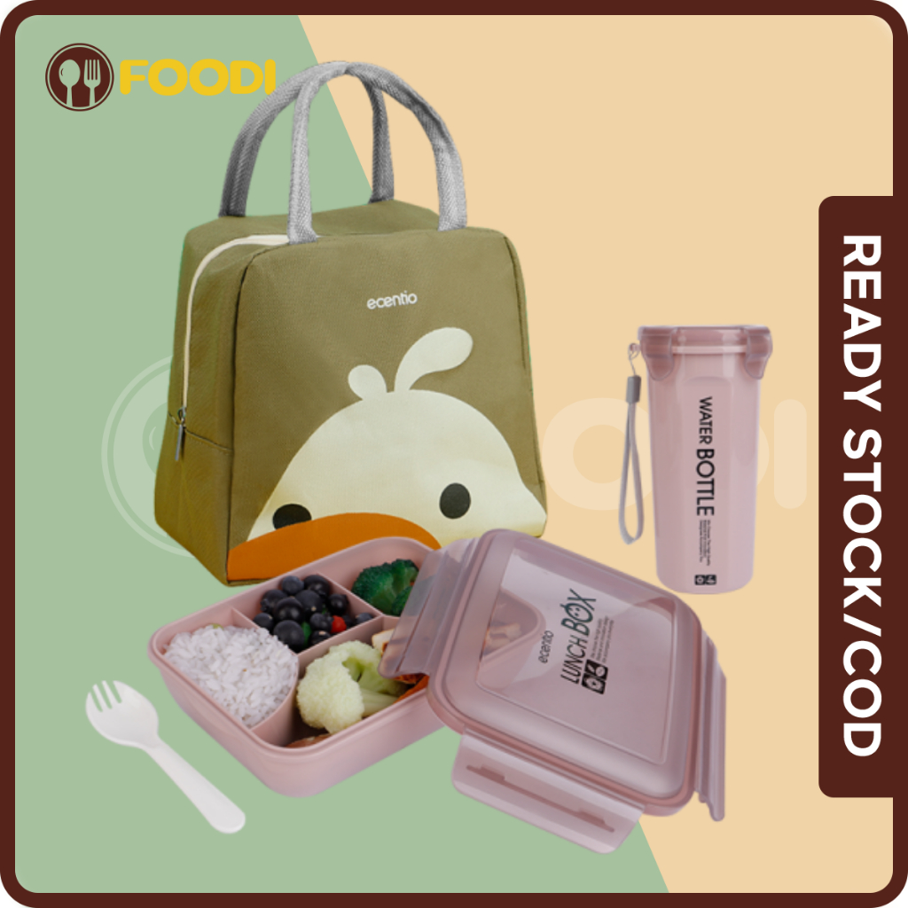 FOODI Lunch Bento Box anak Set 4 Sekat 1100ml tas bekal makanan dan botol minum 500ml 3 pcs/Tempat Makan anti tumpah/Free Sendok