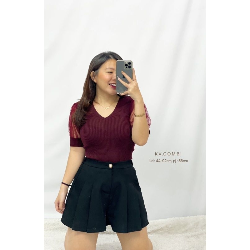 MDLV ~ BAJU RAJUT KV COMBI // ATASAN RAJUT COMBI TILE LENGAN PENDEK // FASHION WANITA