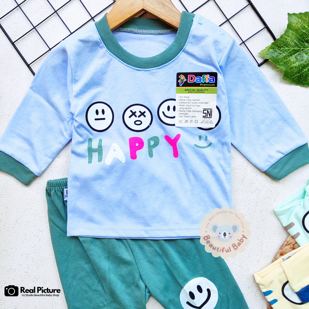 PREMIUM Setelan Piyama Baju Bayi Panjang Usia 3-18 Bln Motif Happy Smile / Baju Tidur Bayi Panjang Merk Daffa Baby / Baby.ou_