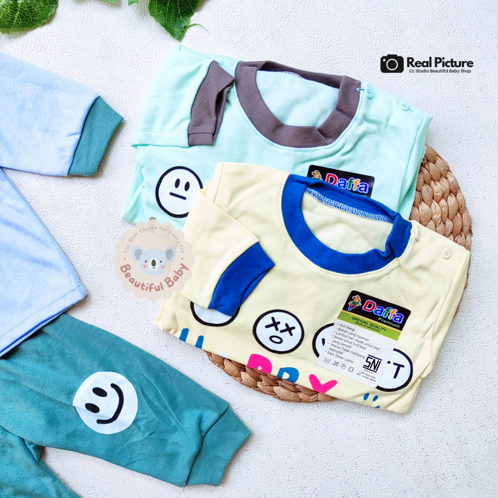 PREMIUM Setelan Piyama Baju Bayi Panjang Usia 3-18 Bln Motif Happy Smile / Baju Tidur Bayi Panjang Merk Daffa Baby / Baby.ou_