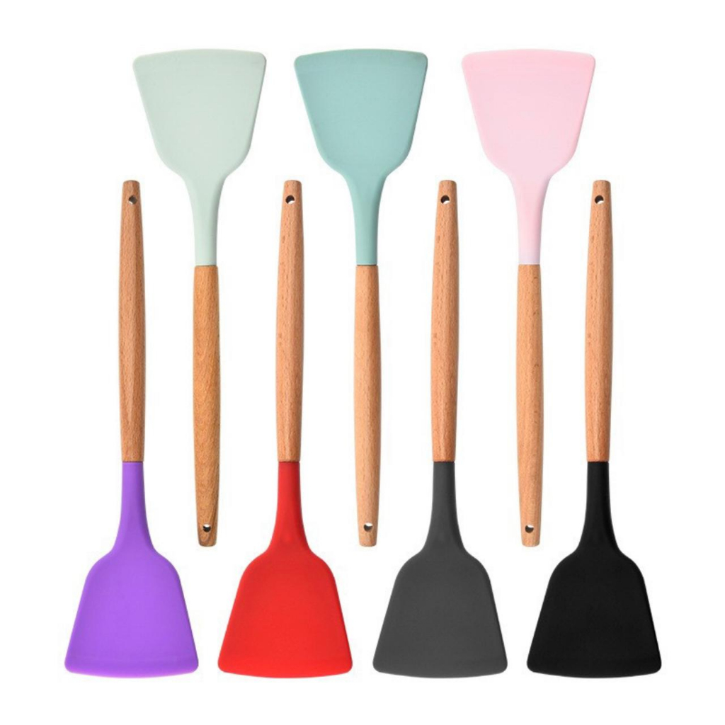 spatula silicone color wooden handle / sutil silikon gagang kayu tahan panas / sodet alat masak