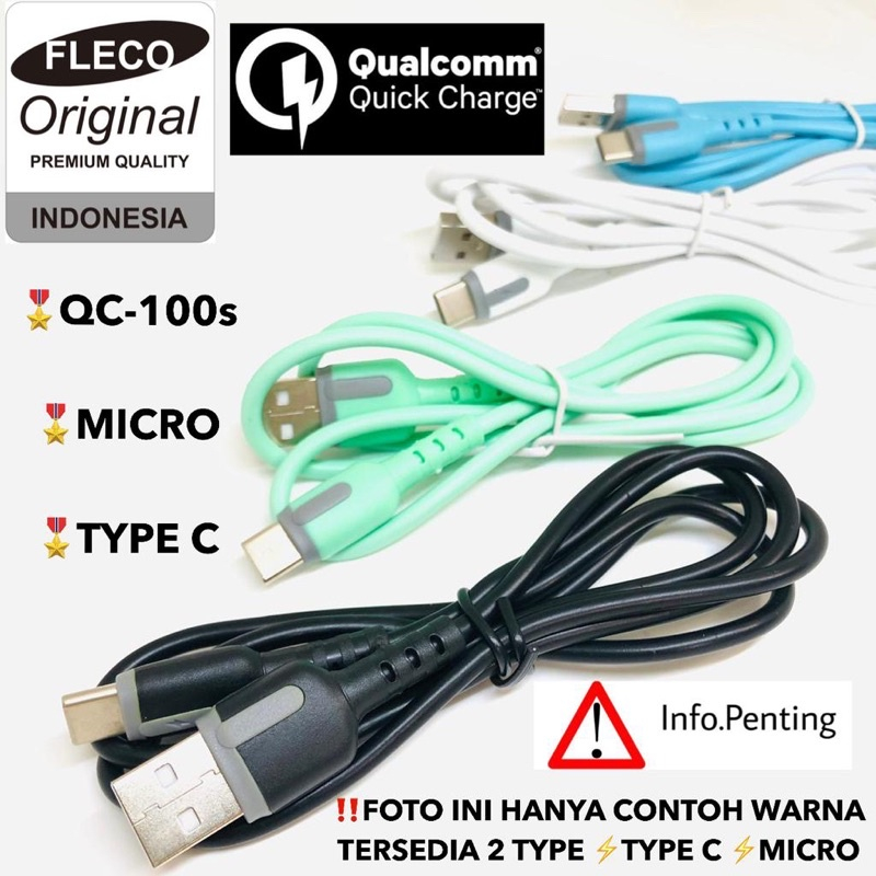 Kabel Data Fleco QC-100S Fast Charging 2.4A Micro Dan Type C Kabel Charger Murah Meriah FastCharging 2.4A BY SMOLL