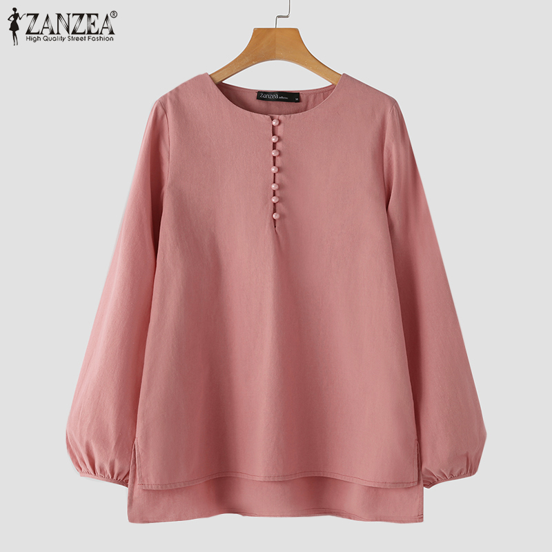 ZANZEA Women Casual Solid Round Neck Long Sleeve Side Slit Loose Half Buttons Shirt