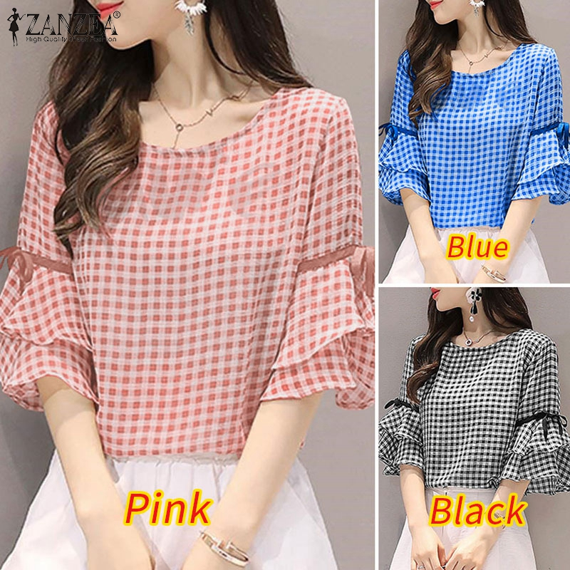 ZANZEA Women Korean Ruffled Hem Sleeved Casual Loose Grid Printed Blouse