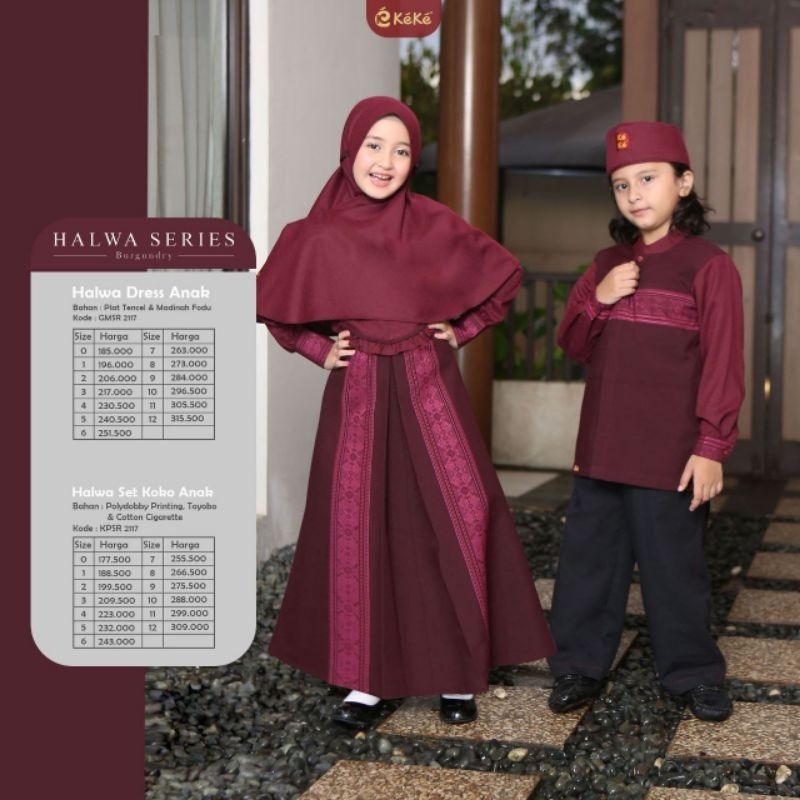 COUPLE GAMIS ANAK DAN KOKO ANAK KEKE ORI TERBARU PROMO MURAH/HALWA SERIES MAROON✅