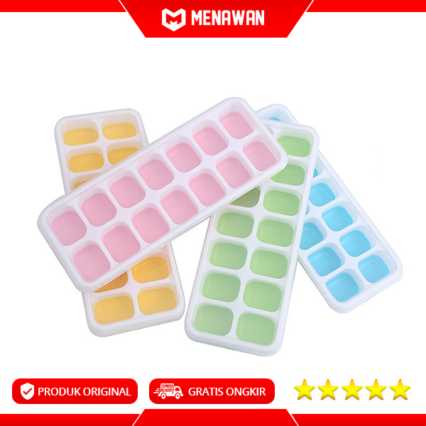 Silicone Ice Tray Food Grade BPA Free Cetakan Es Batu Kulkas 14 Grid Lengkap Penutup Original