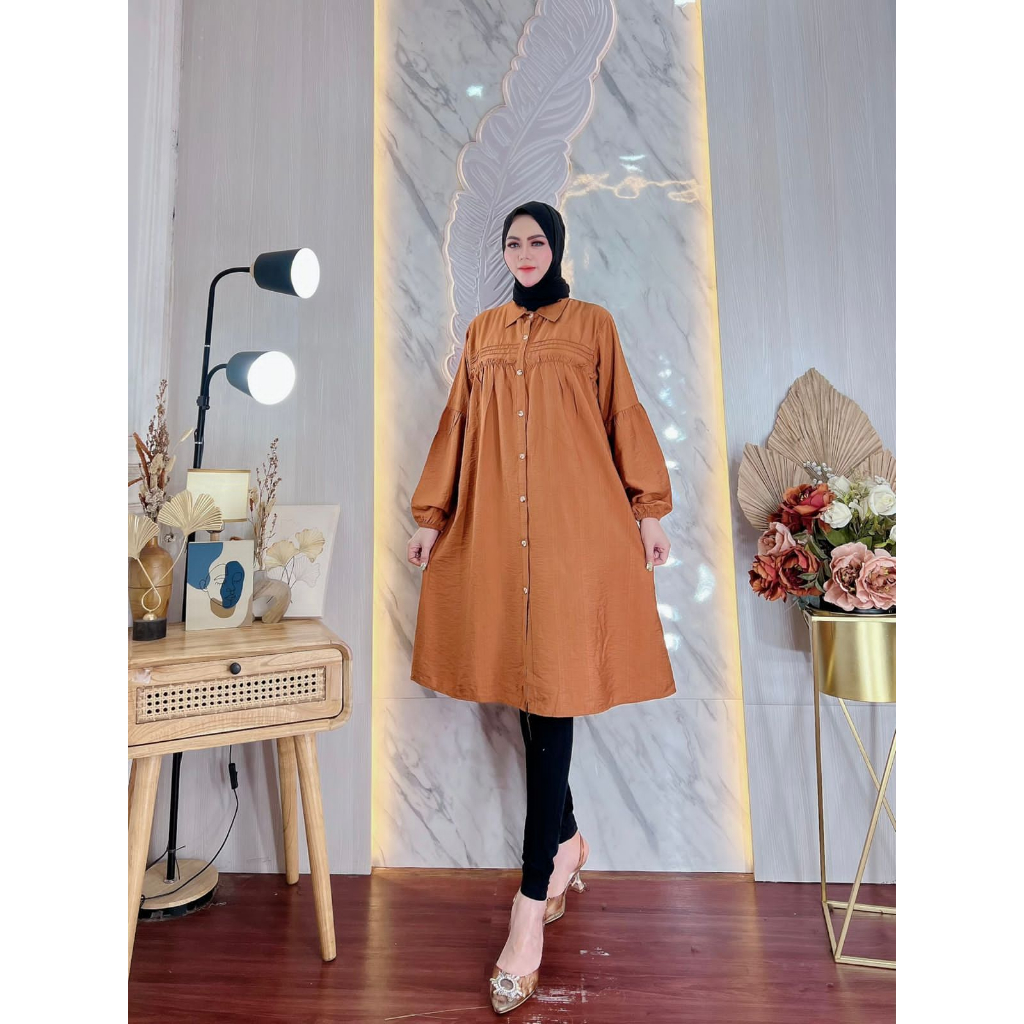 DS - Hazel Tunik Polo Linen Atasan Wanita Lengan Ruffle Premium