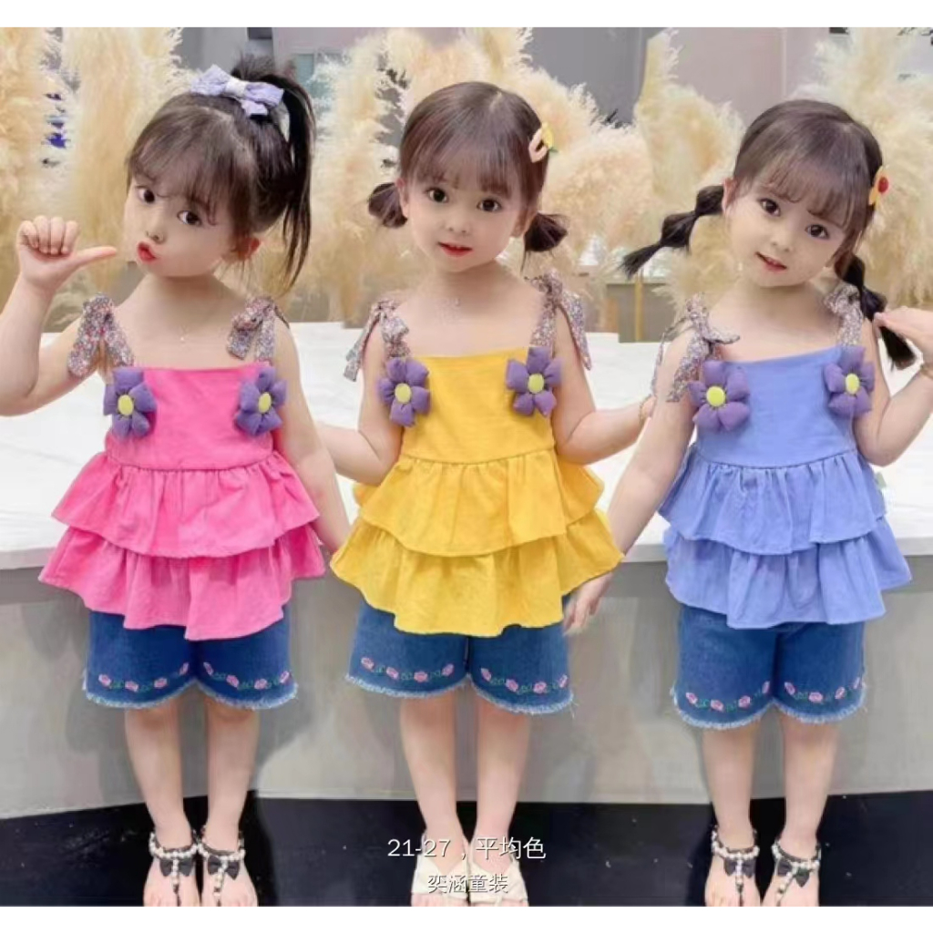 Setelan Baju Anak Perempuan Import/Setelan Pendek Celana Jeans Anak Peremouan Import 1-4Tahun