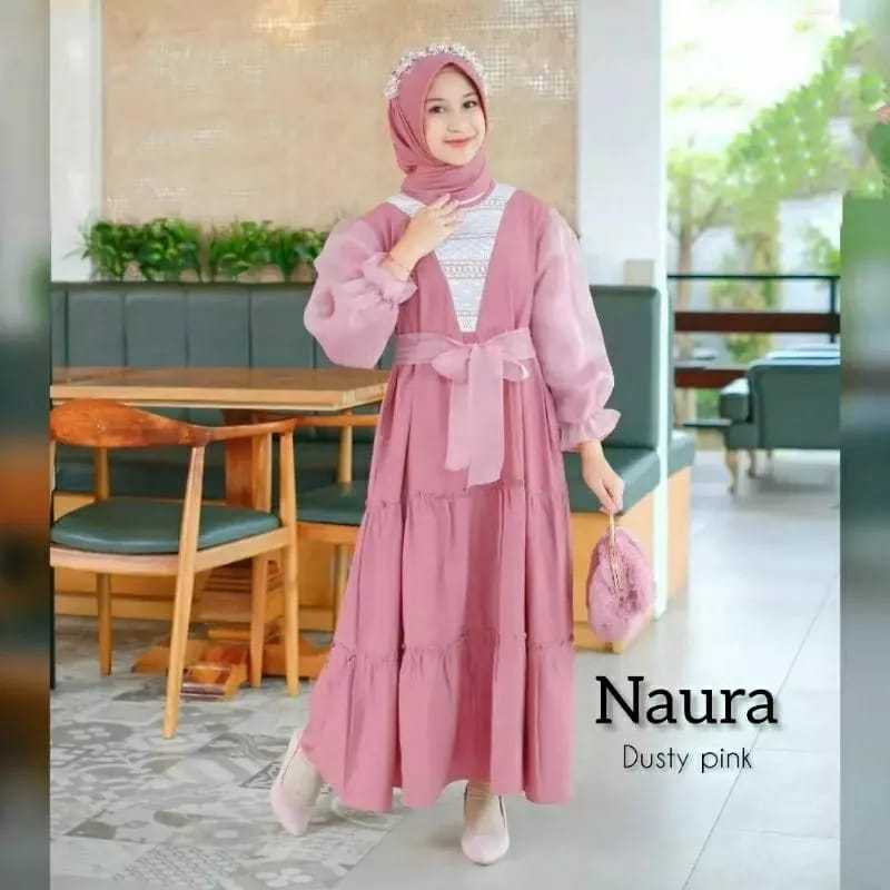 Dress Muslim Remaja Terbaru/ Gamis Anak 7-11 Tahun/ Naura Kids FREE Jilbab Crinkle Airflow Premium/ Baju Anak Perempuan