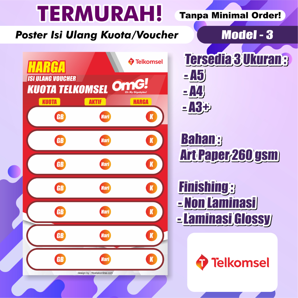 Poster Konter Daftar Harga Paket Data / Voucher /poster paket data konter / Daftar Harga Voucher Mur