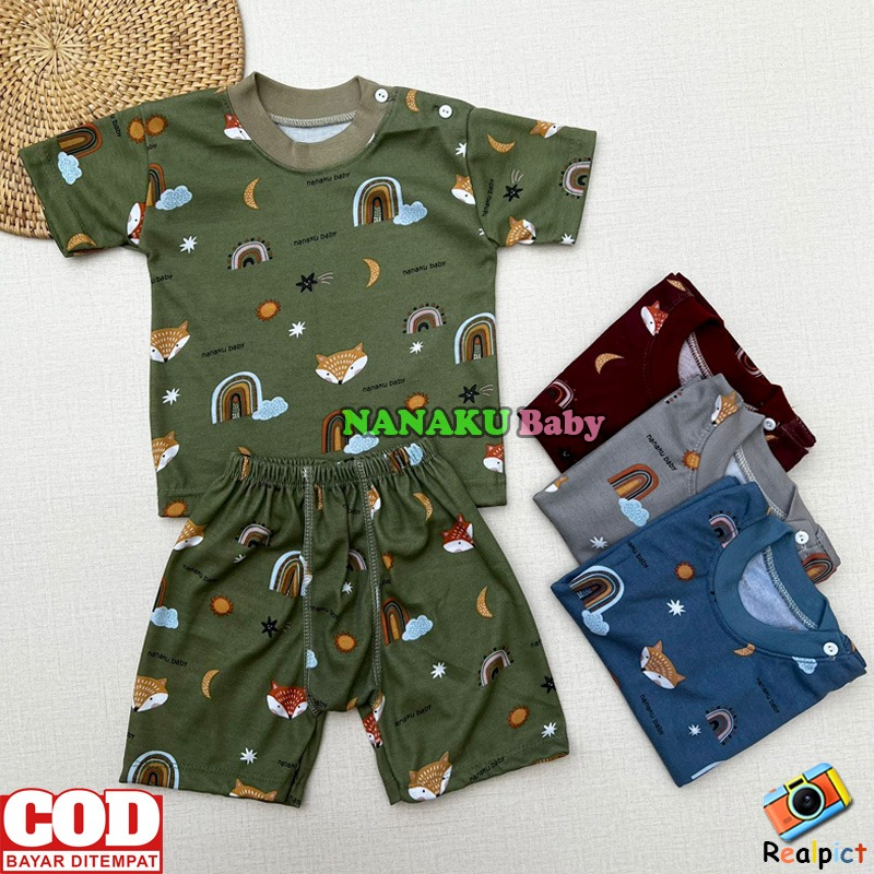 Setelan Baju Bayi Piyama Bayi Lengan Pendek Kancing Pundak Motif Printing Pelangi Usia 3-12 Bulan Anababy