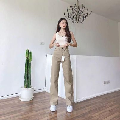 Celana Kulot Jeans Wanita Highwaist Loose jins Warna Cream Light Grey Dan Brown