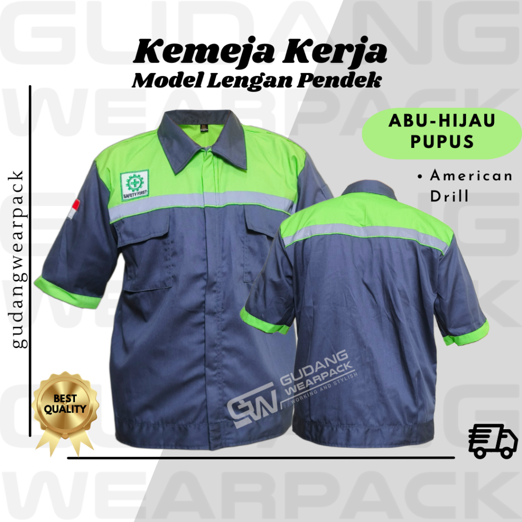 Gudang Wearpack - Kemeja Kerja Seragam Proyek Lengan Pendek Warna Abu - Hijau Pupus