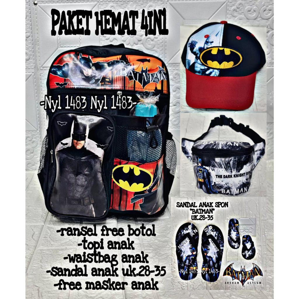 Ransel 5in1 banyak bonusnya tas anak tas sekolah anak motif batman tas ransel sekolah anak laki/perempuanRansel tulip gesper dua wanita 3 in 1