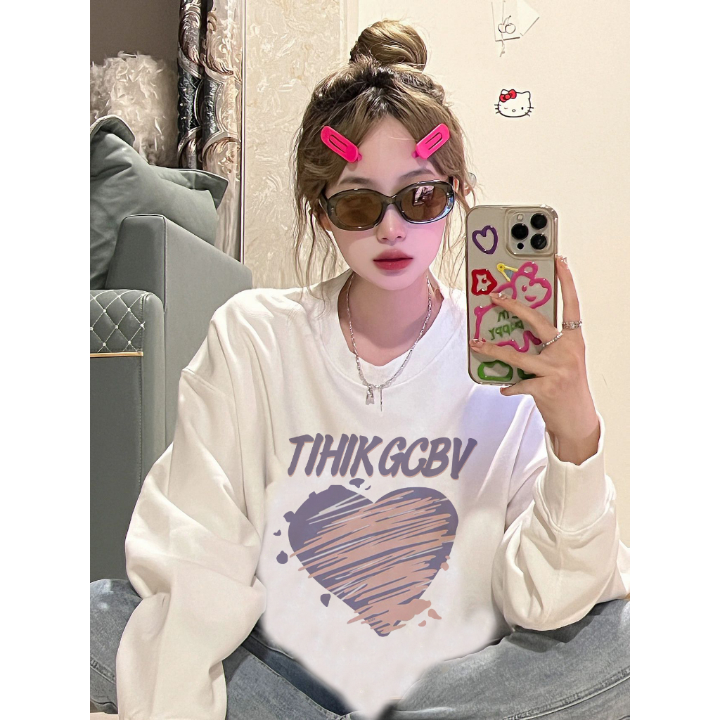 EUNII Sweater Lengan Panjang Cartoon Pink Purple Heart Printing Korean Style/Sweater Crop/Baju Wanita/Switer Wanita/Switer