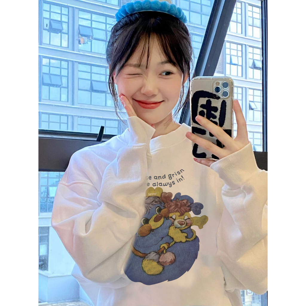 EUNII Sweater Lengan Panjang Cartoon Funny Bear Printing Korean Style/Sweater Crop/Baju Wanita/Switer Wanita/Switer