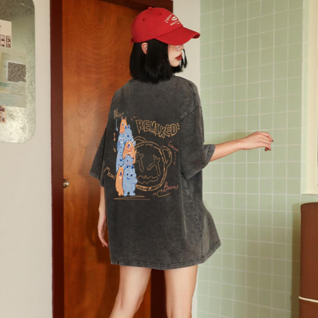 XIAOZHAINV Korean Style Graffiti Little Devil Pattern Washed Printing Kaos Wanita A0251/Atasan Wanita Terbaru