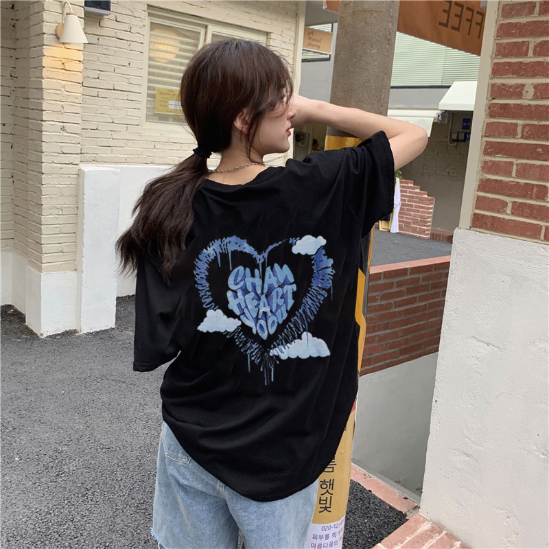 XiaoZhaiNv Kaos Atasan Oversize Wanita Blue Heart Pattern Lengan Pendek A0665