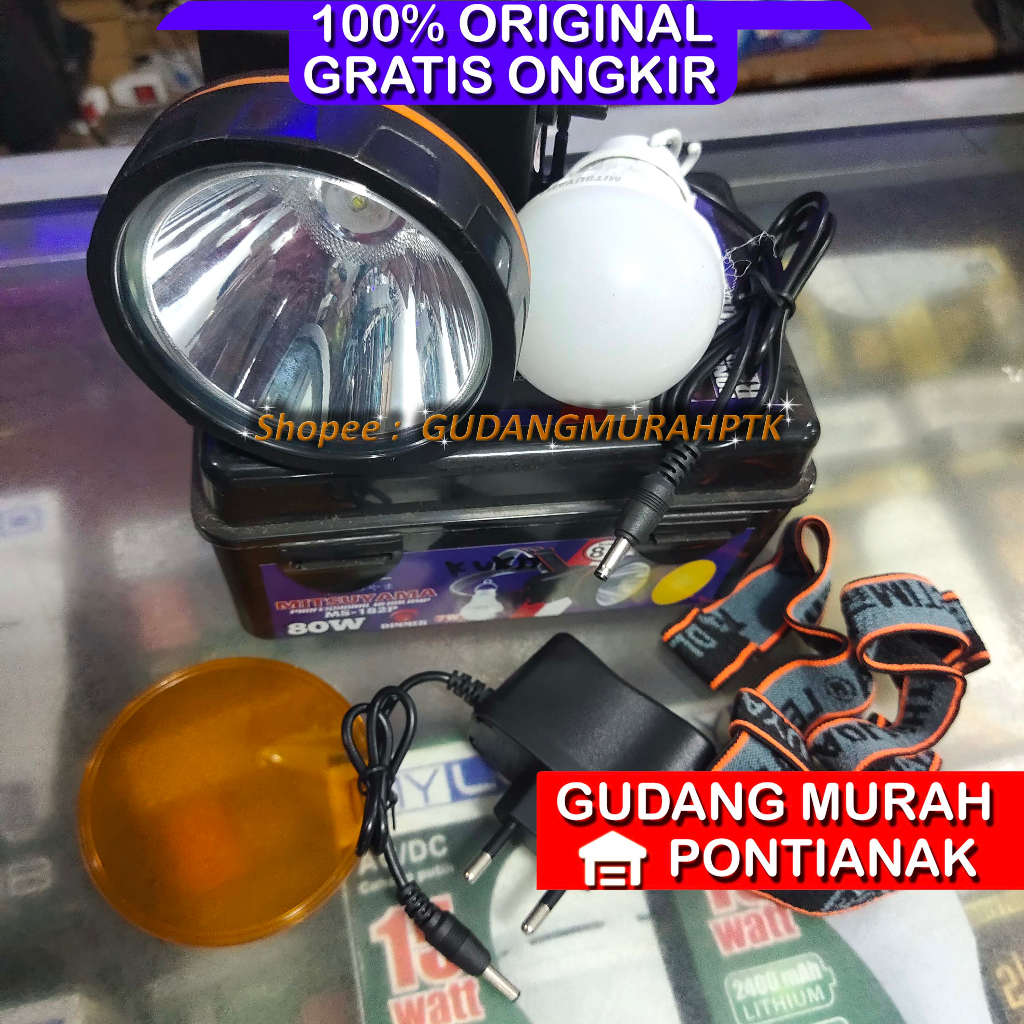 Senter Kepala Senter Dimmer 80 Watt Senter Terang Cahaya PUTIH Senter Jarak Jauh Free Bohlam Headlamp MS 182 MS-182