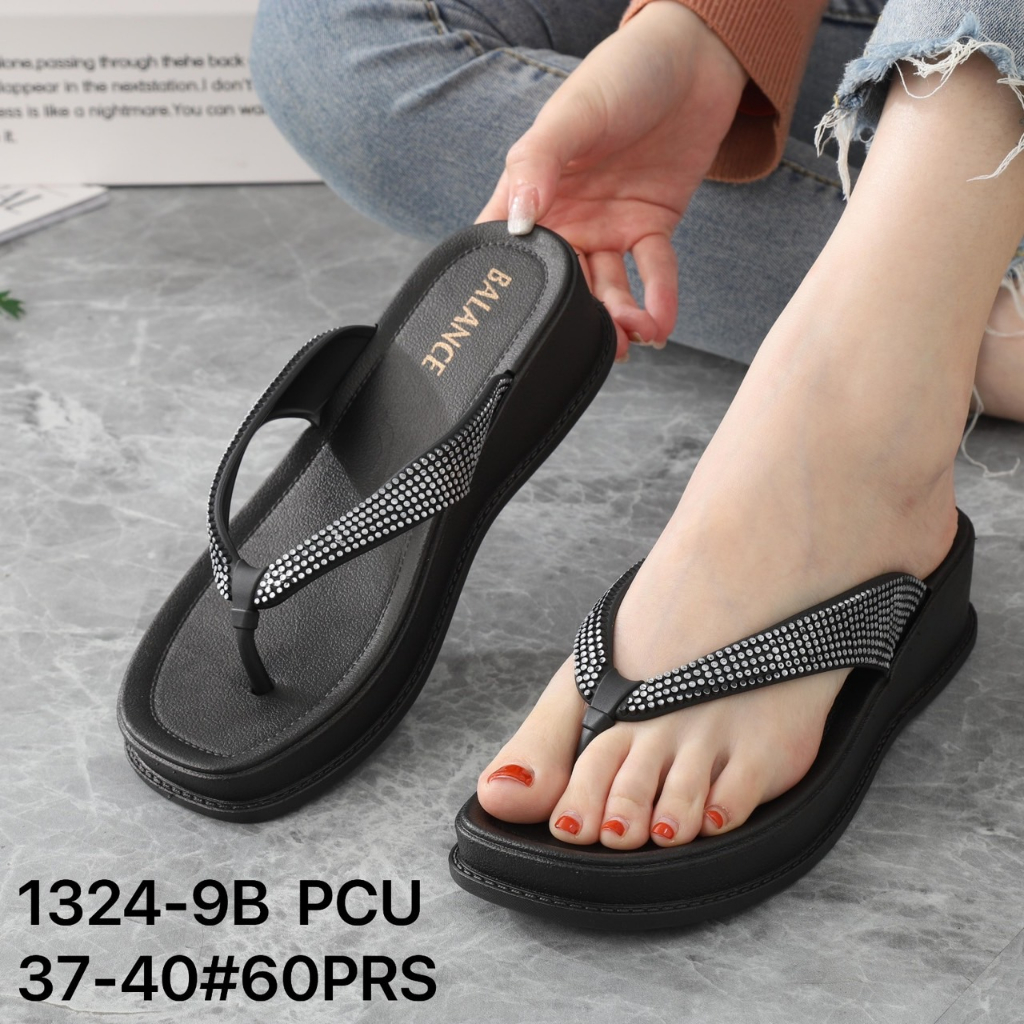 Sandal Jepit Wanita Karet Import BALANCE Motif Glitter SOL TEBAL 3CM / 1324-9B