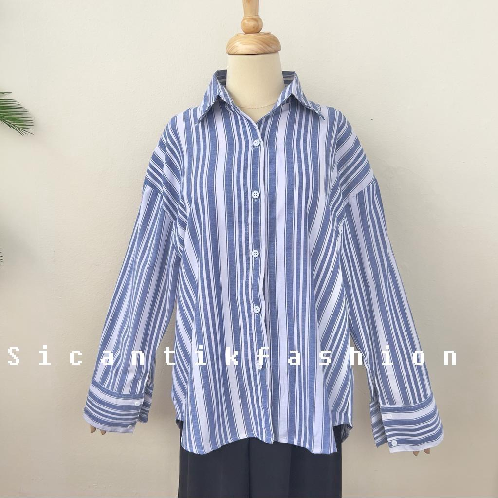 Kemeja Oversize Wanita Lengan Panjang Motif salur