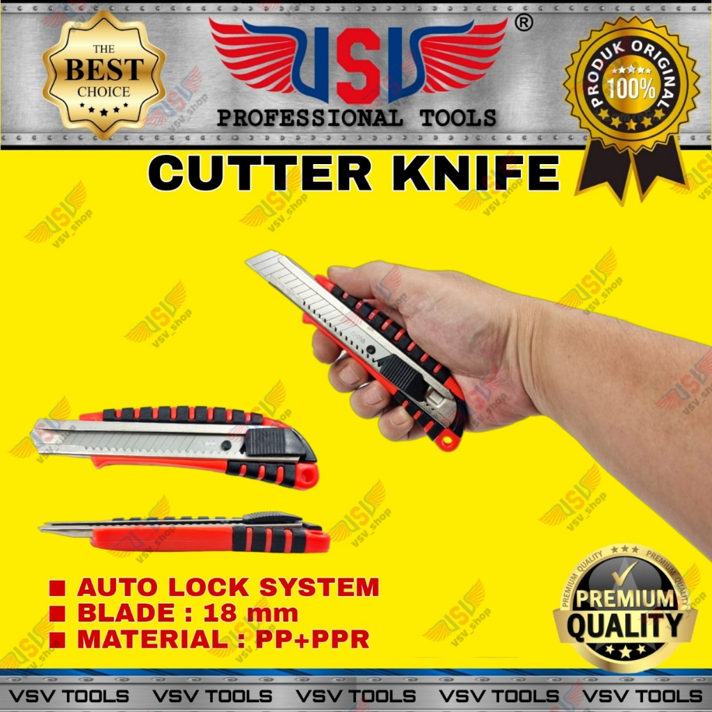 Cutter Besar Pisau Cutter 18mm Bahan PP Cutter Knife Auto-Lock VSV HS-07