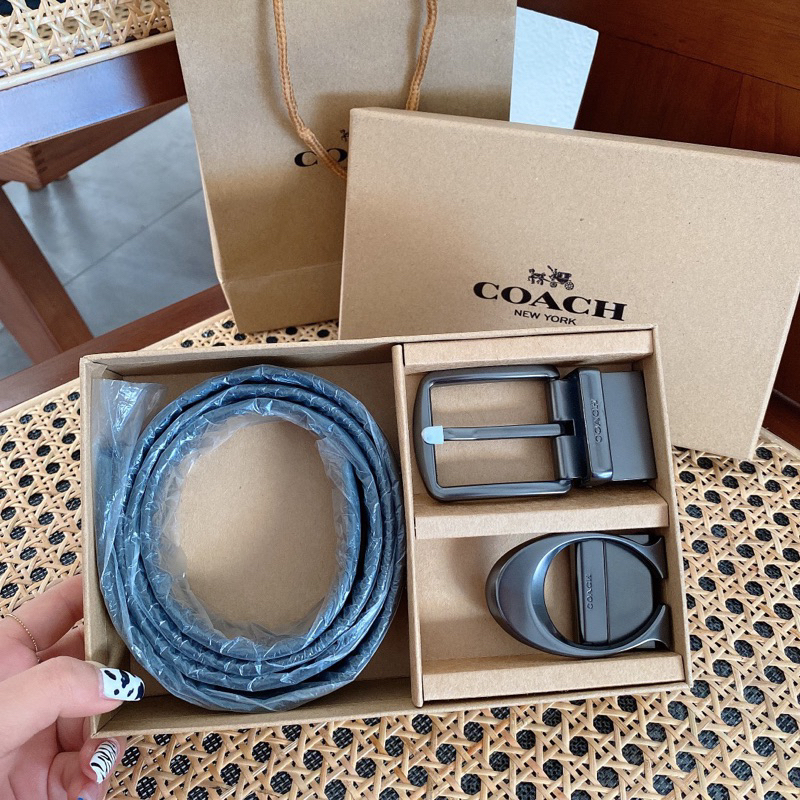 [BISA COD✅] COACH BELT LEATHER EMBOSSED BLACK DOUBLE GESPER / SABUK COACH