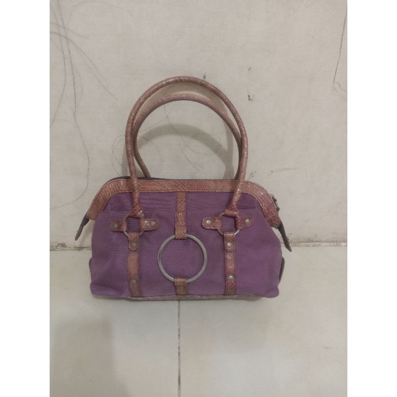 top handle bag , tas Monza  pesta wanita warna Lilac , bahan kulit mix kanvas