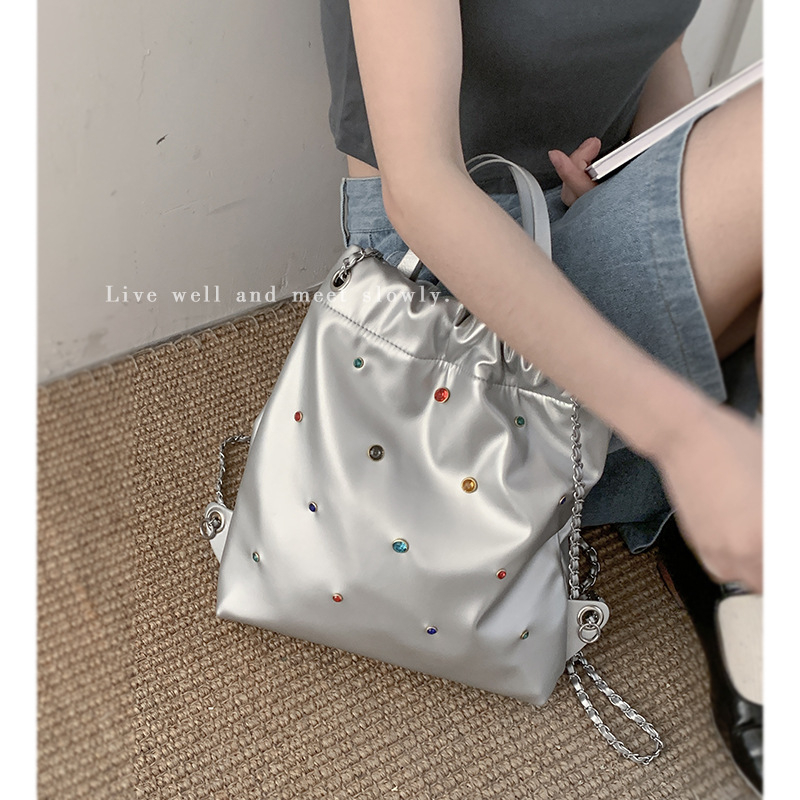 Tas Bahu Galaxy Light Perak Permata Ransel Kecil Tas Ransel Wanita Baru Gaya Korea Fashion Kapasitas Besar Chain Beam Tas Bahu