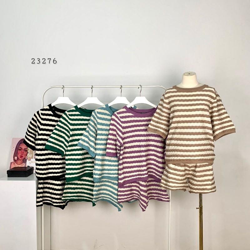 23276 One Set Hp Babat Stripe Salur Ploypa Studio Bangkok Import Premium/Stelan Celana Pendek Mode S