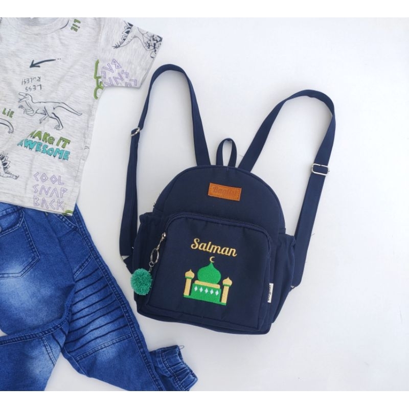 Baglist Tas Anak PAUD TK sekolah kids ransel backpack warna navy polos bordir nama karakter