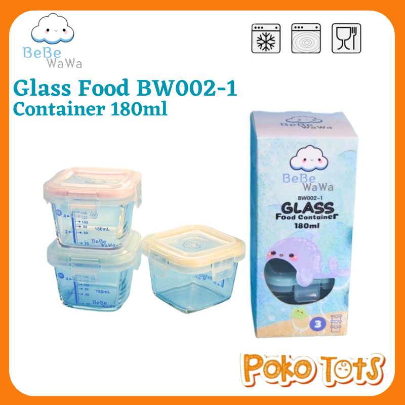 Bebe Wawa Glass Food Container 180ml Isi 3pcs BW002-1 Tempat Makanan Bayi Takaran Ukuran Garis Takar WHS