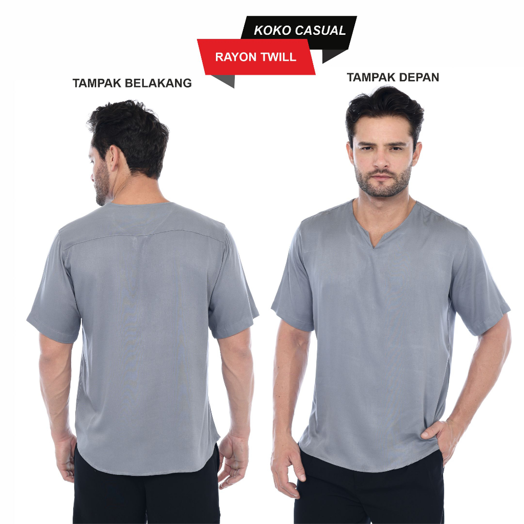 Kemeja Koko Pria Kerah V-neck Model Basic Polos Lengan Pendek Bahan Rayon Twill Premium