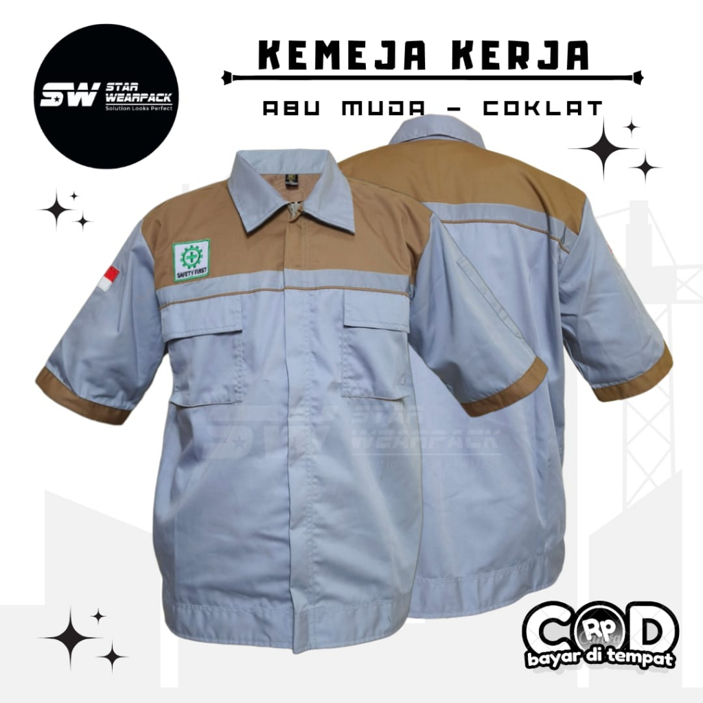 Star Wearpack - Pakaian Kerja Proyek Lengan Pendek Warna Abu Muda Kombinasi Coklat