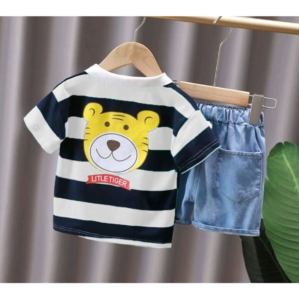 SETELAN KAOS POLO ANAK DAN CELANA JEANS PENDEK ANAK LAKI LAKI IMPORT MOTIF POLO LITTEL TAIGER DENIM/SET PAKAIAN BAYI OTFIF KEKINIAN TERPOPULER