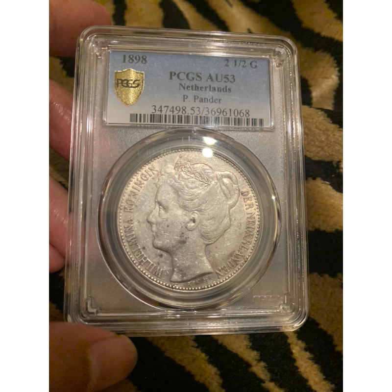 Koin perak silver coin belanda wilhelmina mahkota crown 2.5 gulden tahun 1898 pcgs ngc AU 53 rare la
