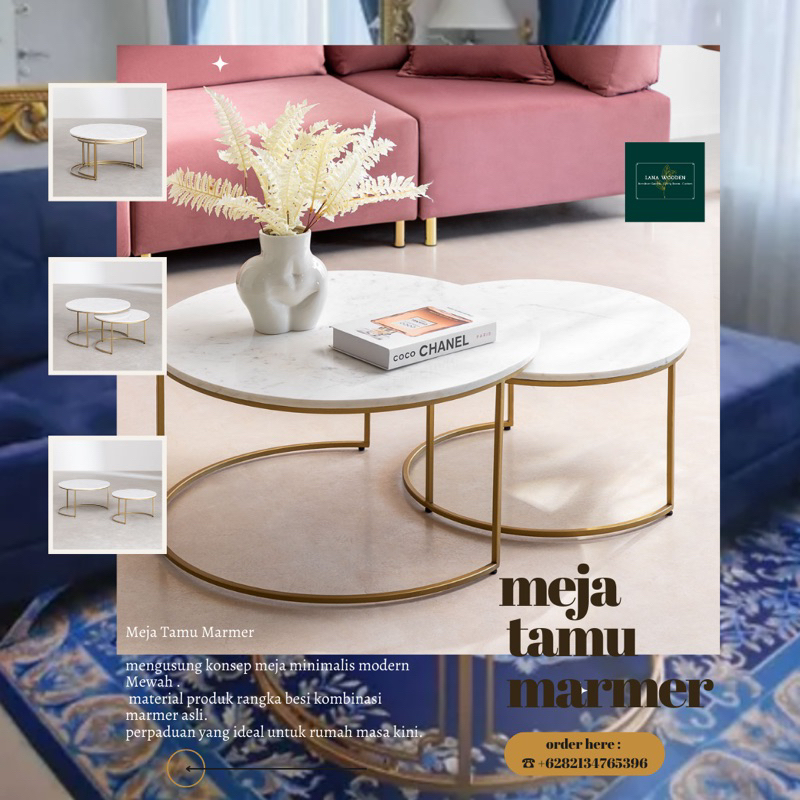 meja tamu marmer minimalis asli kombinasi rangka besi formasi 2 in 1 elegan meja marmer minimalis me