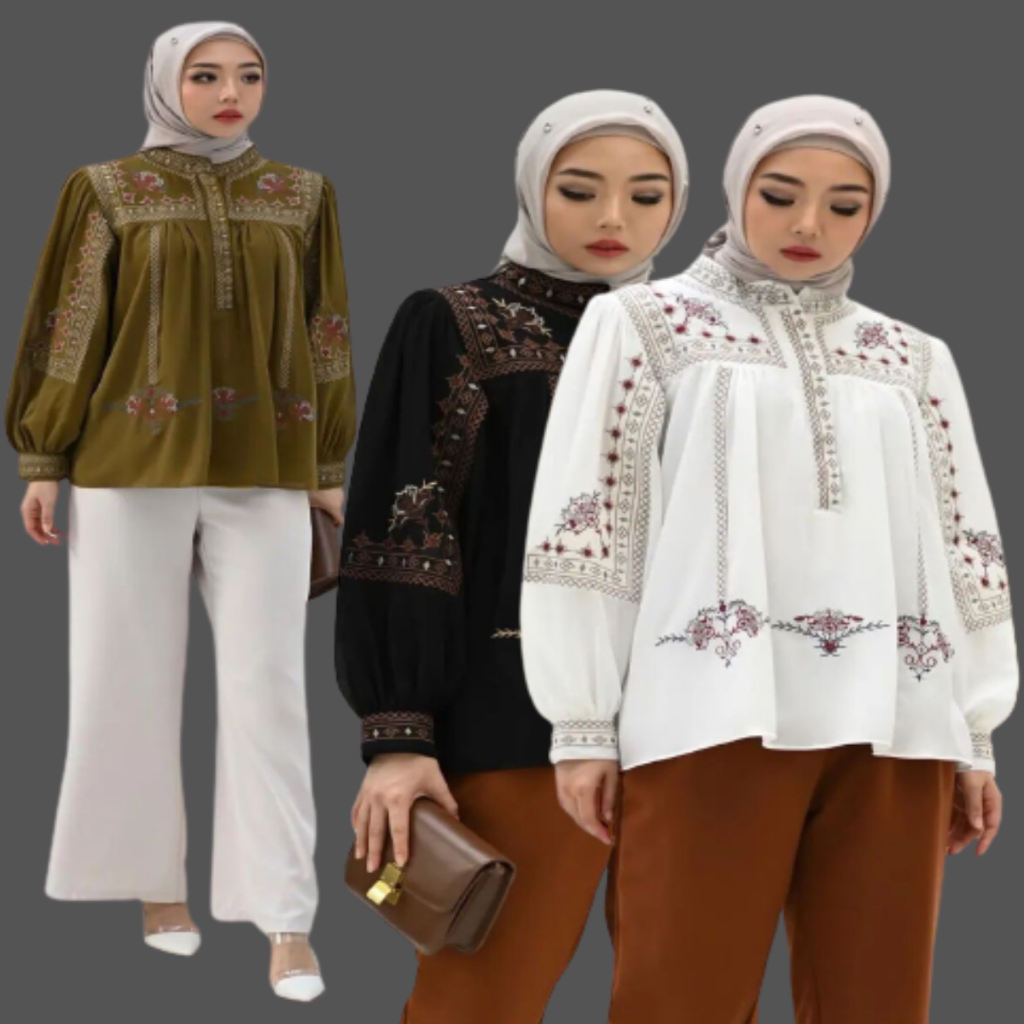 Mona Top Ceruty Babydoll Mix Bordir Allsize Fit XL Atasan Wanita Muslim Terbaru Baju Muslimah Kekini