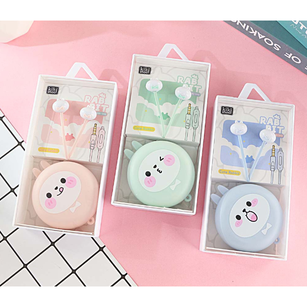 [KIKI-393] Set Headset Earphone Kartun RABBIT Bulat / Wadah Earphone Karakter Kelinci Lucu / Earphone Case Karakter Rabbit Ekspresi Imut