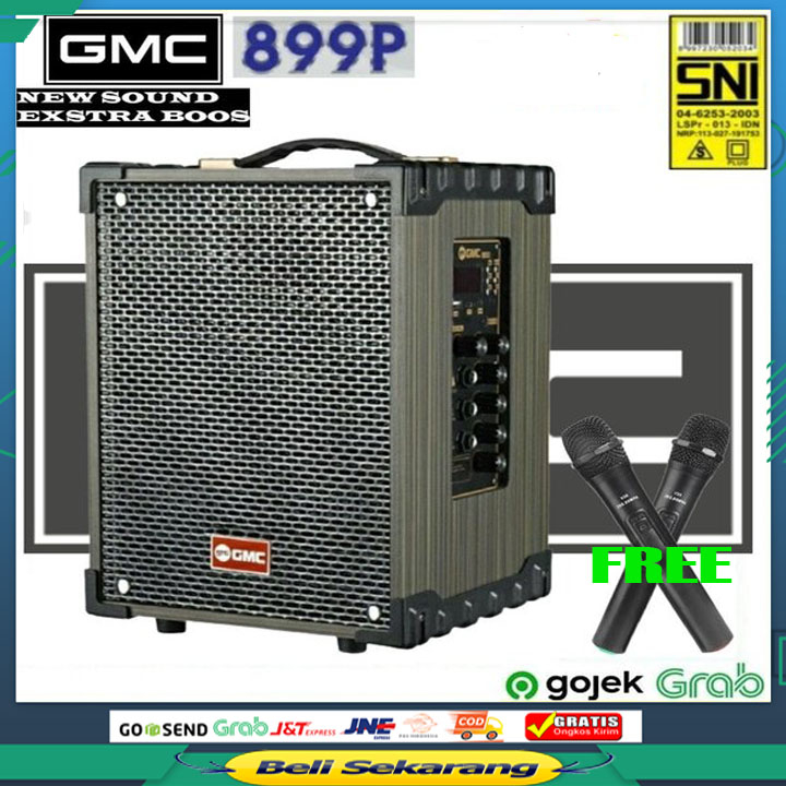 SPEAKER PORTABLE GMC 899P 8INCH + 2 MIC WIRELESS HIGH POWER ORIGINAL SUPER MURAH MANTAP