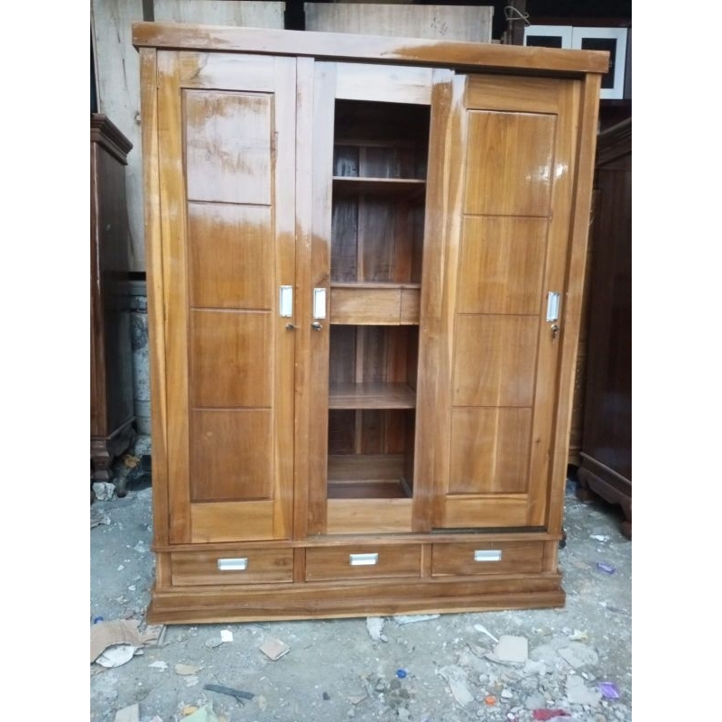 knockdown(bongkar pasang)lemari pakaian 3 pintu jati sliding hijab plus laci bawah