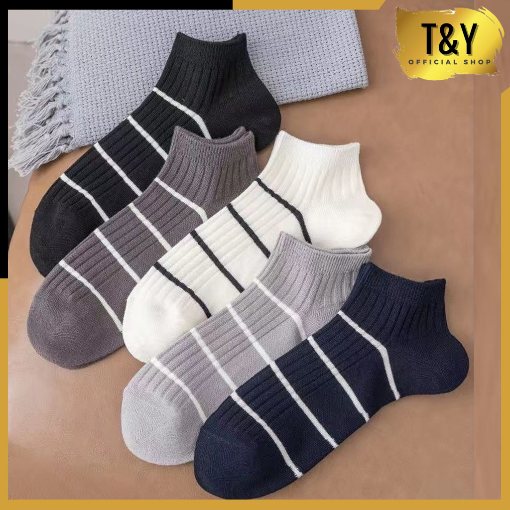 T&amp;Y Kaos Kaki Pria dan Wanita Kaos Kaki Ankle Motif Garis Kecil Kaos kaki Unisex Semata Kaki 6797 bahan Cotton Penyerap Keringat